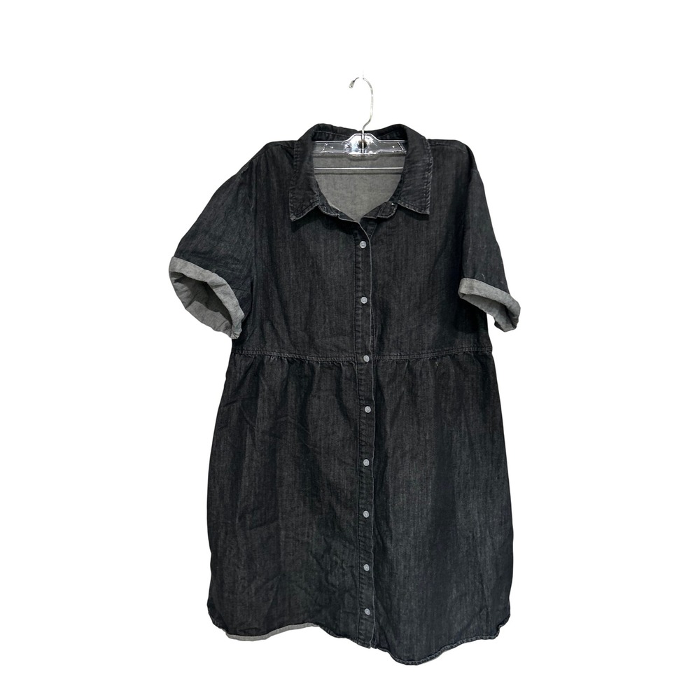 Black Denim Shirt Dress Short Sleeve Tiered Babydoll Button Front Size Large